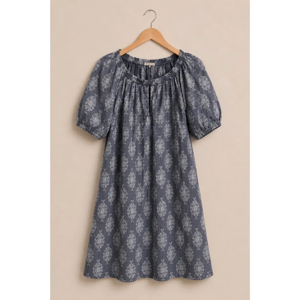 Wonderly Womens Blue‎ Medallion Cotton Gauze Peasant Mini Dress  M Puff Sleeve